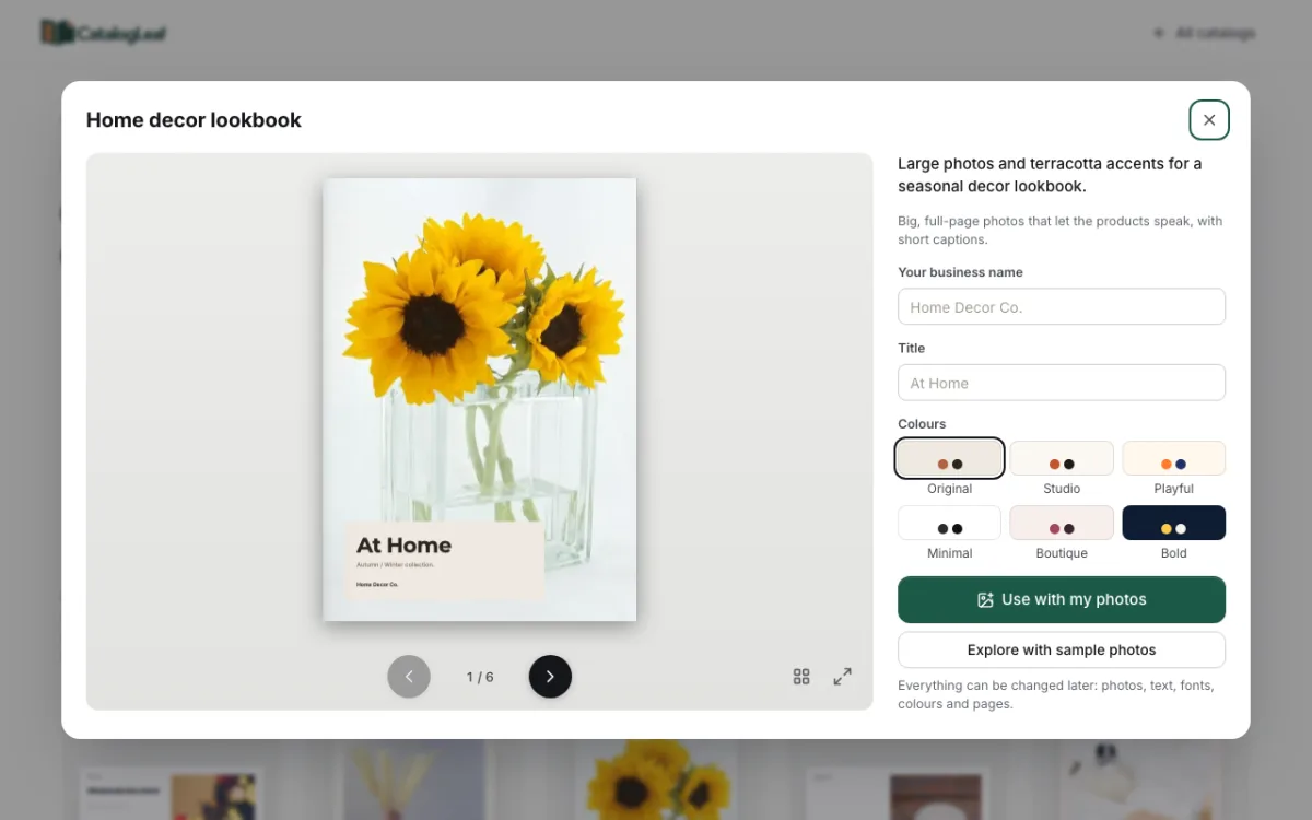 The Home decor lookbook template open in the gallery, with sunflowers in a glass vase filling the cover