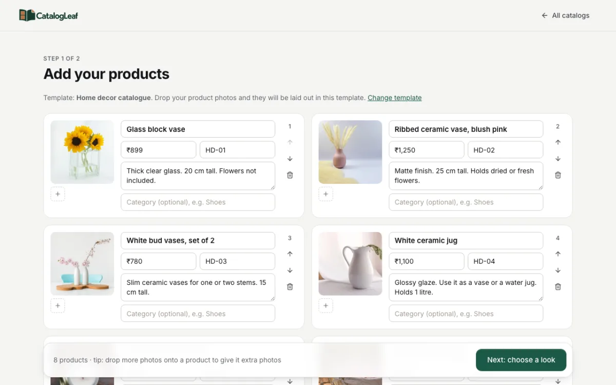 The Add your products page with four home decor products, each with a name, a price in rupees, a code like HD-01 and a short line about size and material