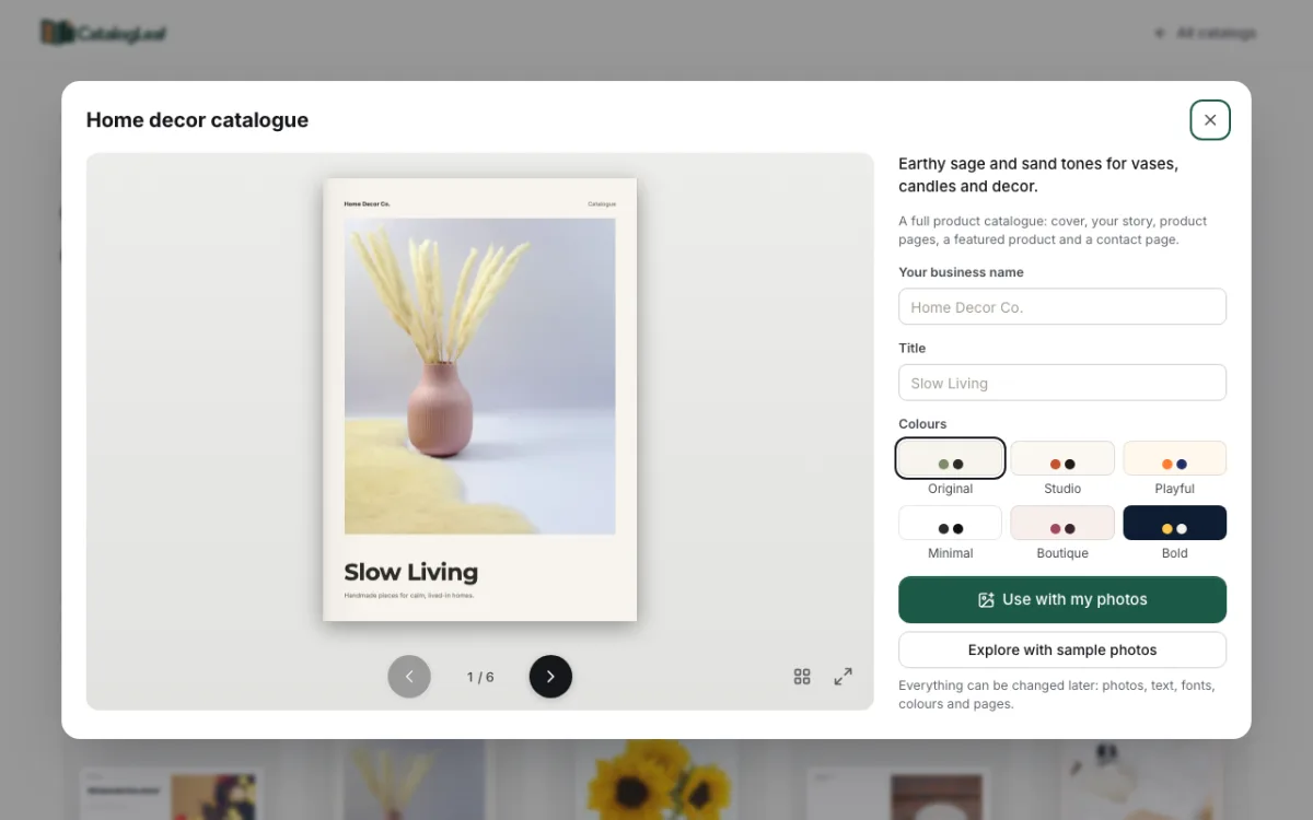 The Home decor catalogue template open in the gallery, with a pink vase on the cover and the Use with my photos button on the right