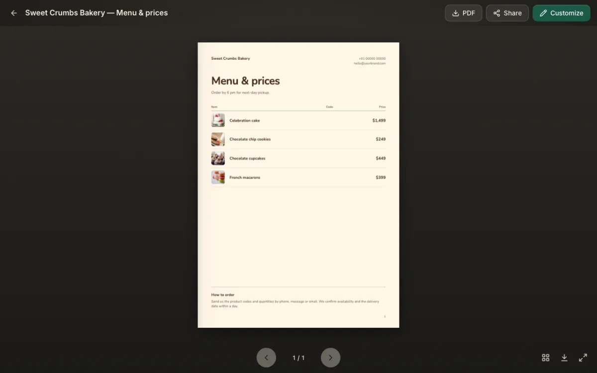 A finished bakery price list with photos, names and prices in one table