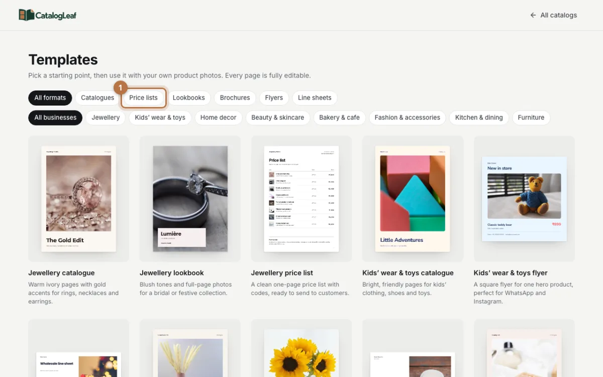 The CatalogLeaf template gallery with the Price lists filter highlighted