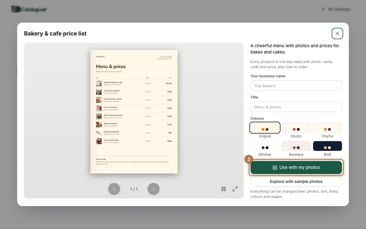 The bakery price list preview with the Use with my photos button highlighted