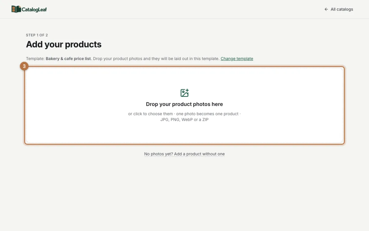 The Add your products page with the box for dropping product photos highlighted