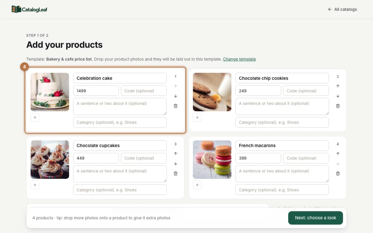 Four bakery products with their names and prices filled in