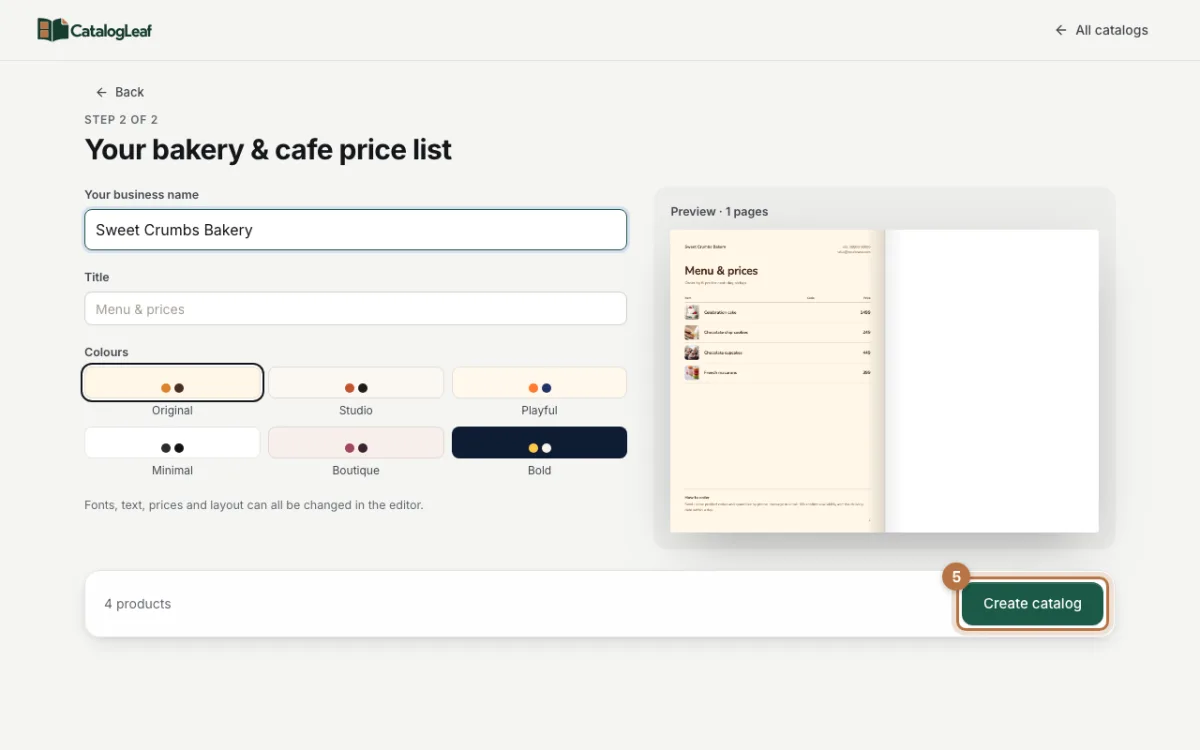 The business name, colours and a preview of the price list, with the Create catalog button highlighted