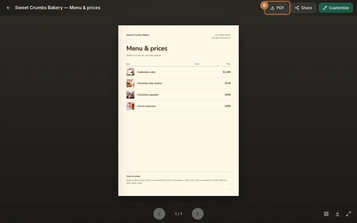 The finished price list with the PDF download button highlighted