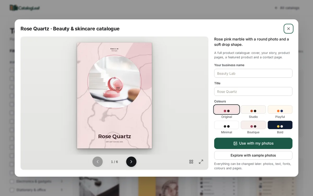 The Rose Quartz skincare catalogue template open in the gallery, with a pink cover and a round photo of a blush compact