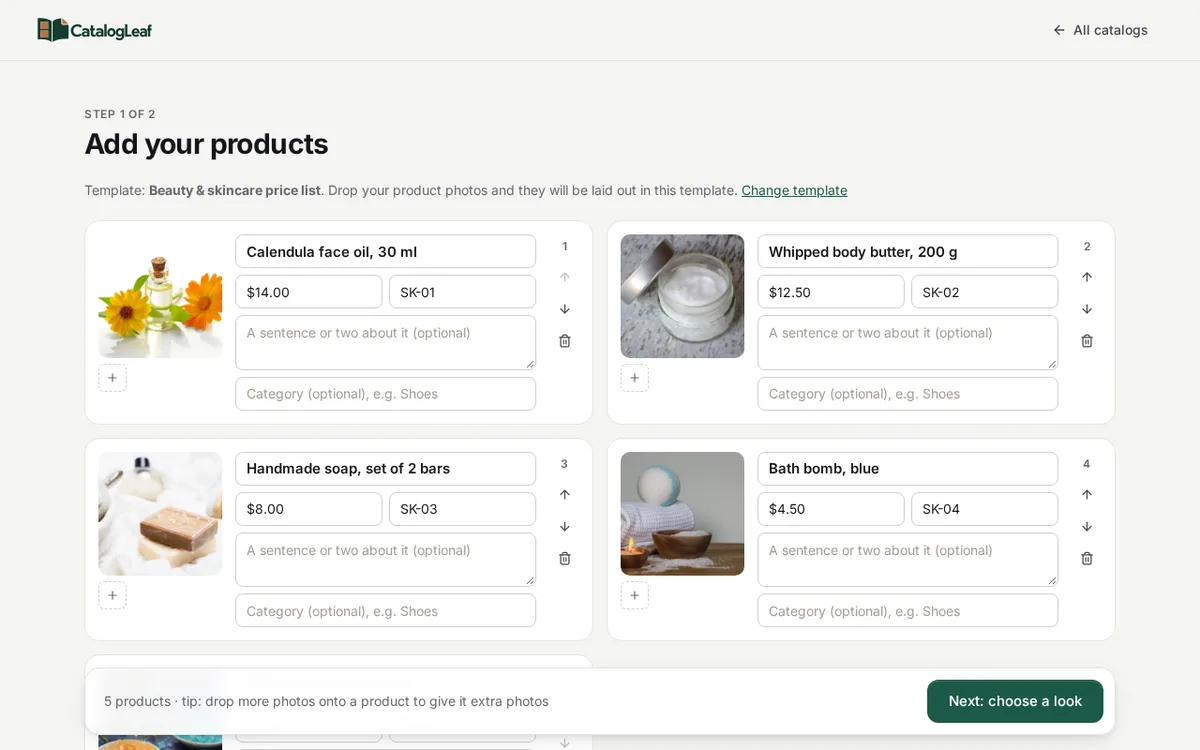 The Add your products page with a face oil, a body butter, a soap and a bath bomb, each with a name that includes its size, a price in dollars and a code like SK-01