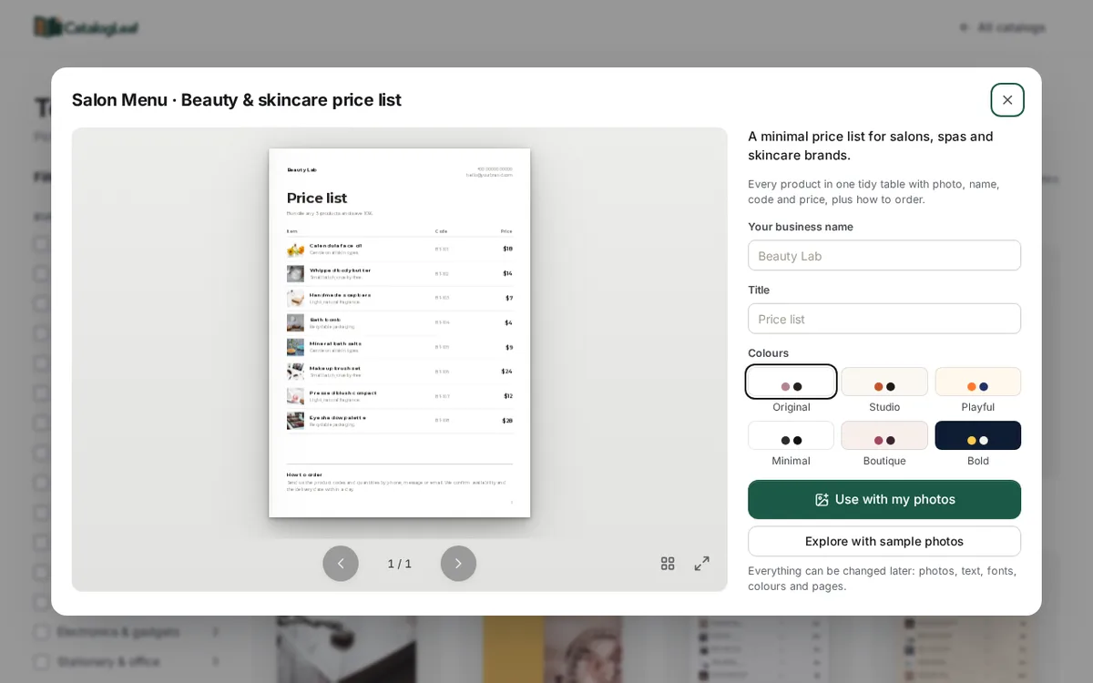 The Beauty and skincare price list template open in the gallery, with a table of products, codes and prices and the Use with my photos button on the right