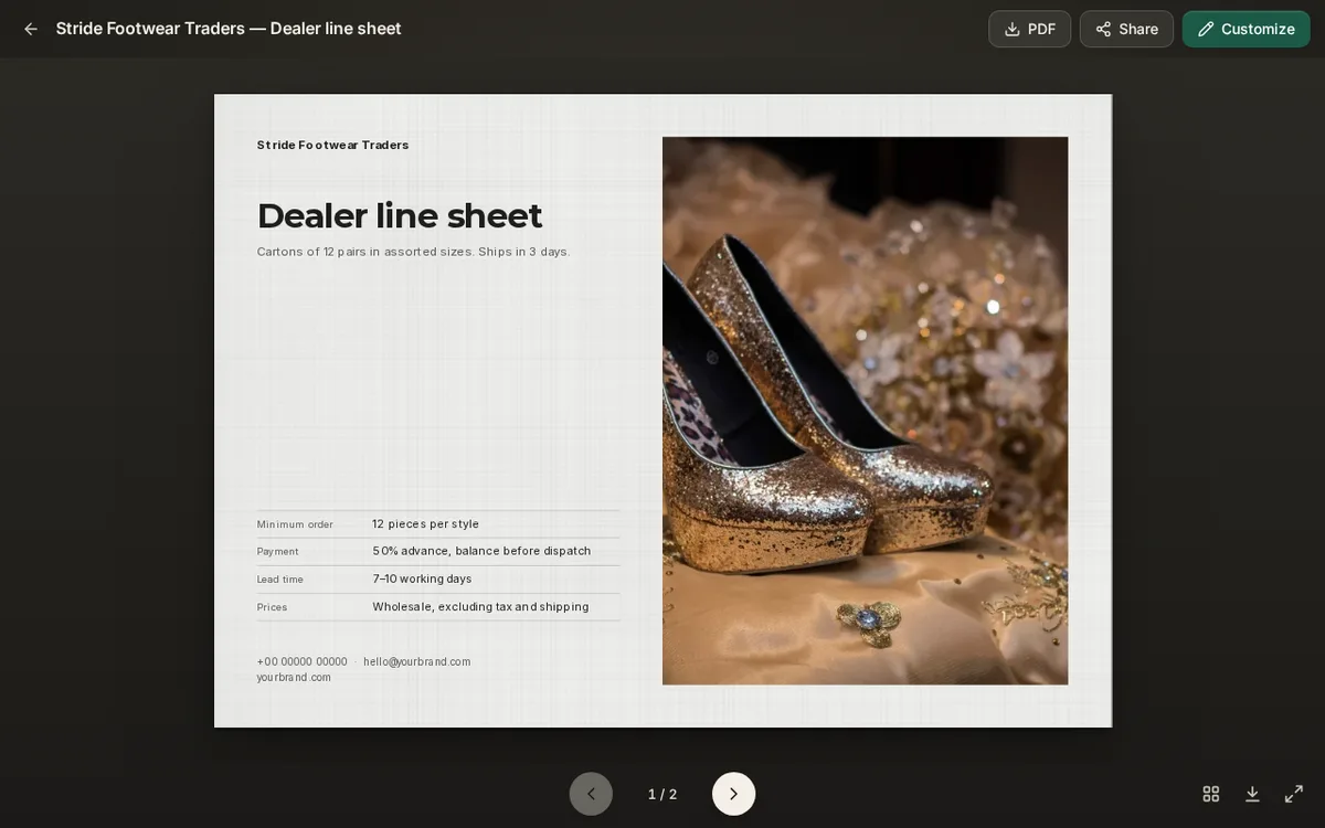The cover page of a finished dealer line sheet for Stride Footwear Traders, with the title, a table of trade terms and a photo of glitter heels