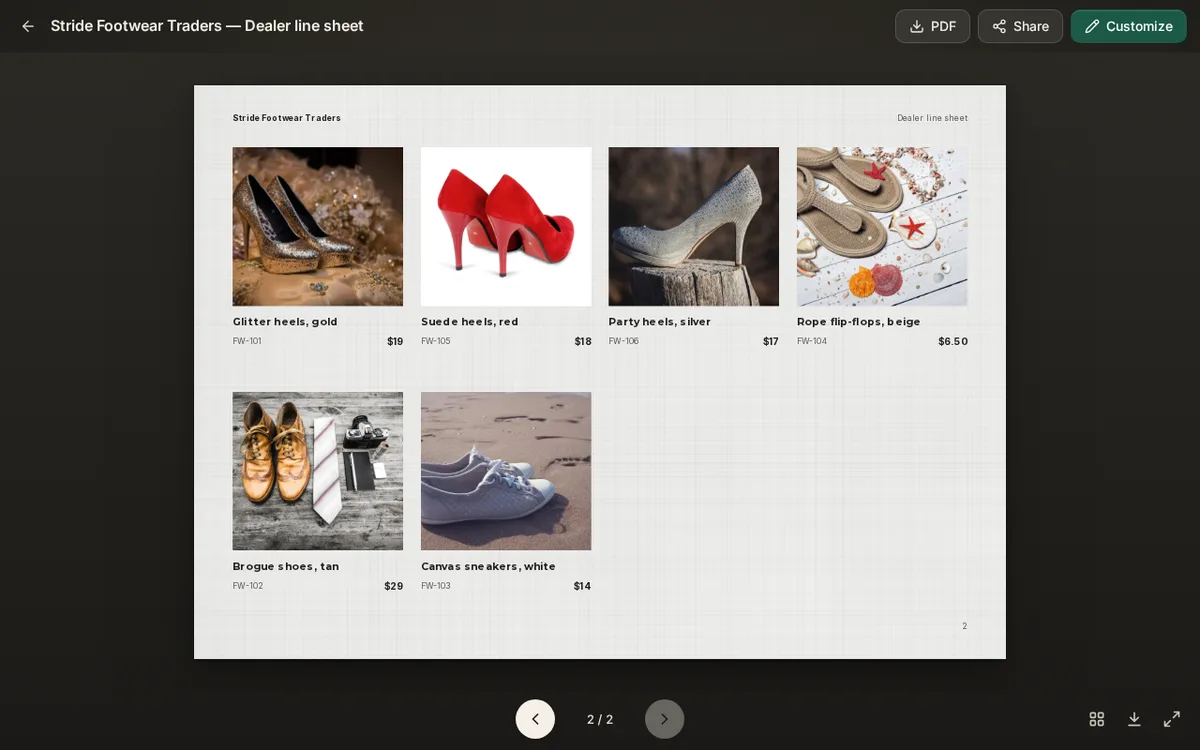 The product page of the line sheet with six shoes in a grid, each with its name, a code such as FW-102 and a wholesale price