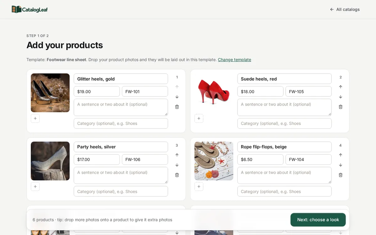 The Add your products page with a heel, a flip-flop and other shoes, each with a name, a wholesale price in dollars and a code like FW-101