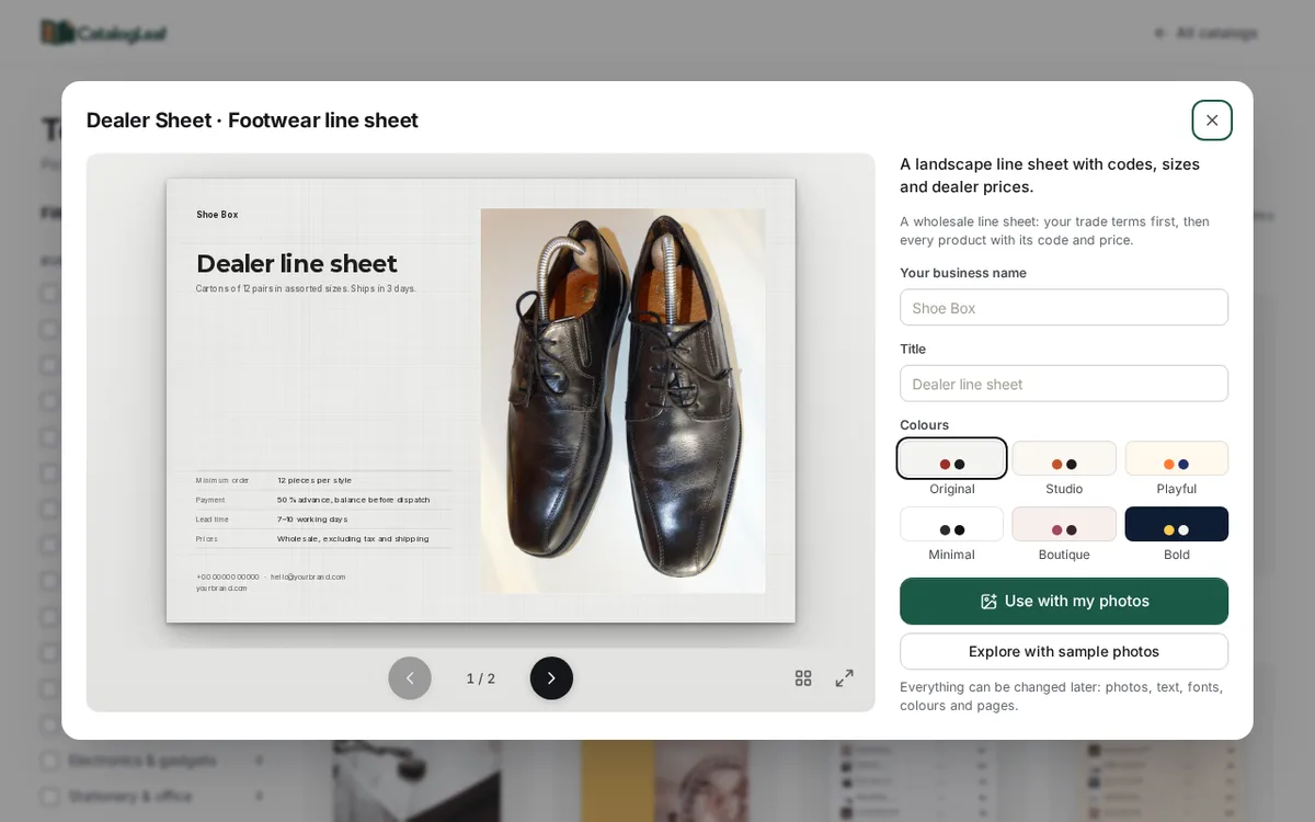 The Dealer Sheet footwear line sheet template open in the gallery, with a cover page showing trade terms and the Use with my photos button on the right
