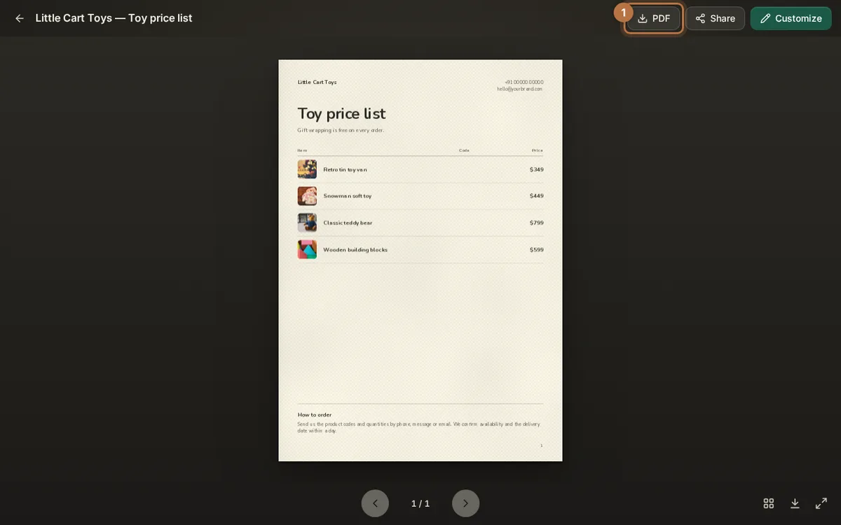 A finished toy price list in CatalogLeaf with the PDF button at the top right highlighted