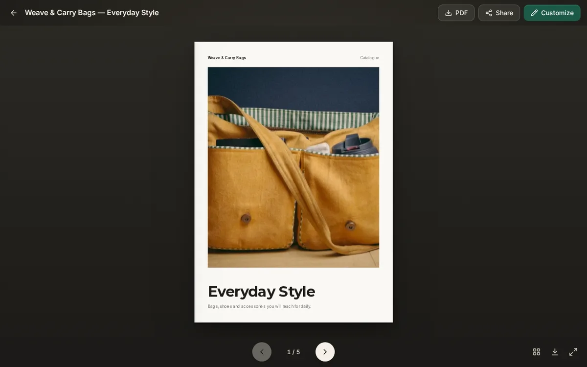 The cover page of a bag catalogue for Weave & Carry Bags, with a large photo of a yellow canvas messenger bag and the title Everyday Style