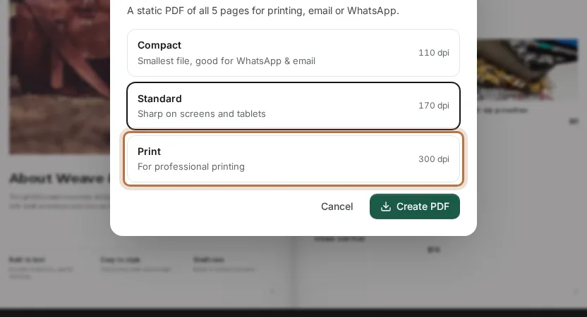 The Download PDF window with three quality choices. The Print choice, marked 300 dpi, is highlighted below Compact and Standard