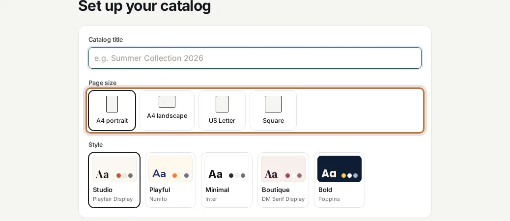 The Set up your catalog page with four page size choices, A4 portrait, A4 landscape, US Letter and Square, and the row of choices highlighted