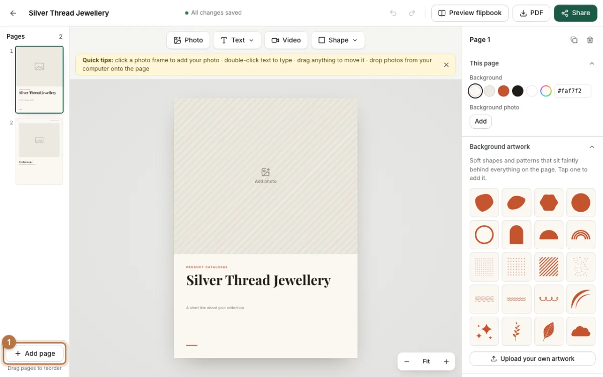 The CatalogLeaf editor with the Add page button highlighted at the bottom of the page list