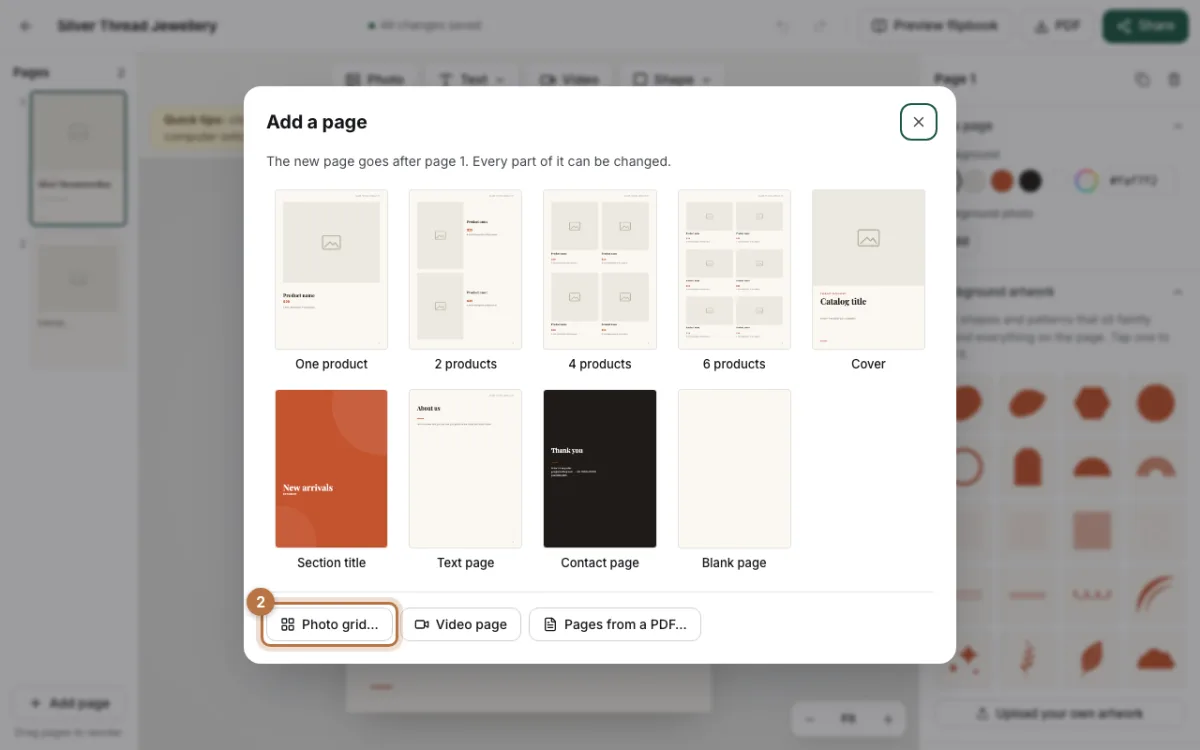 The Add a page window with the Photo grid button highlighted