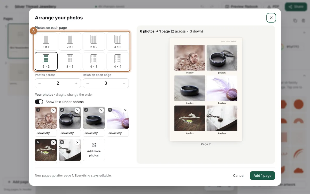 The Arrange your photos window with the grid choices highlighted and 2 by 3 selected