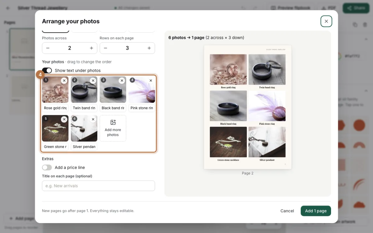 Six jewellery photos with a name typed under each one, and a preview of the page