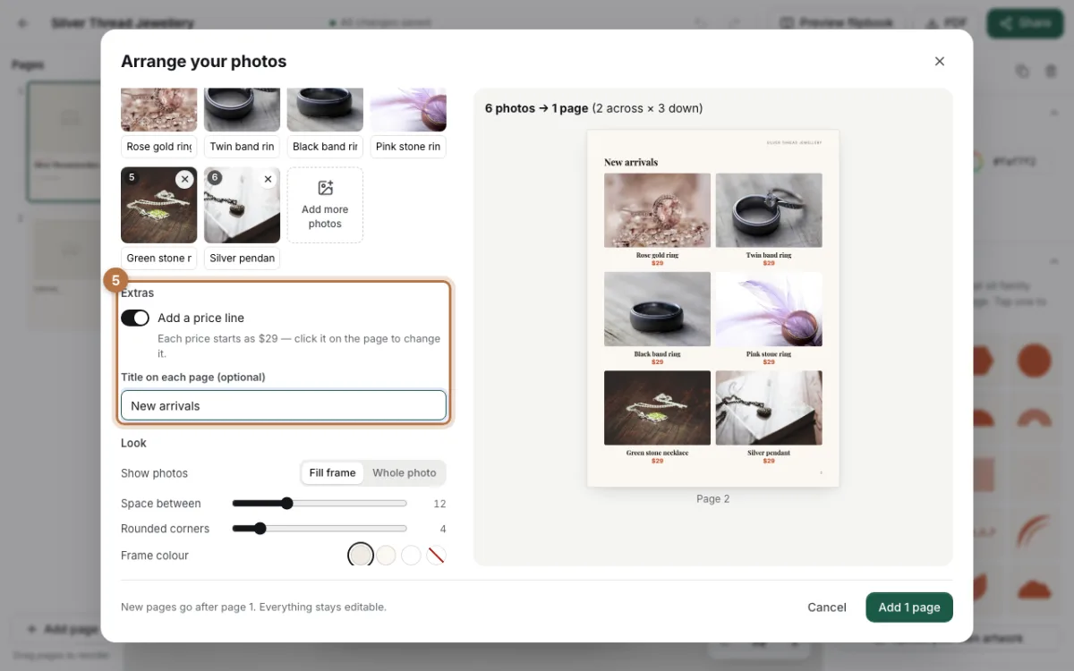 The Extras part with Add a price line turned on and New arrivals typed as the page title