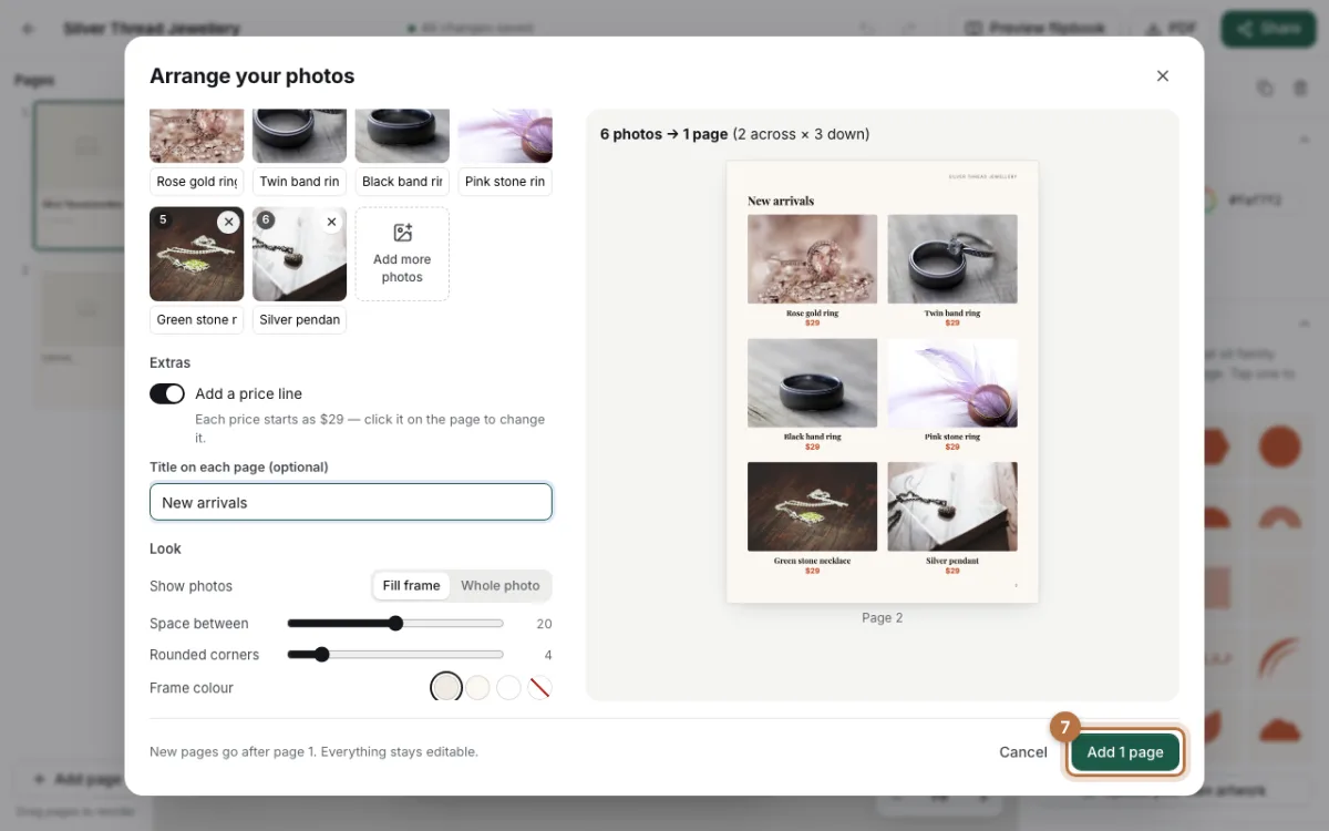 The Add 1 page button highlighted at the bottom of the Arrange your photos window
