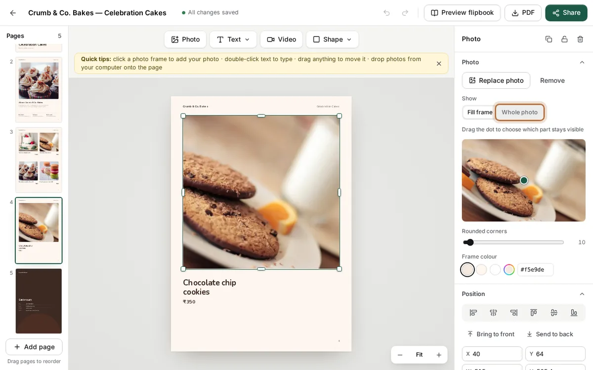 The Photo panel in the CatalogLeaf editor with a cookie photo selected, and the Whole photo button highlighted next to Fill frame