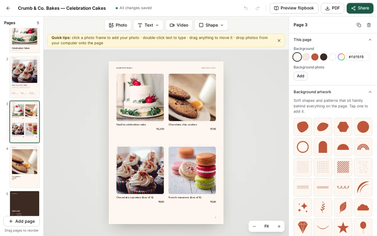 A catalog page with four bakery photos in two rows: a white cake with red flowers, chocolate chip cookies, chocolate cupcakes and French macarons, each with a name and a price in rupees