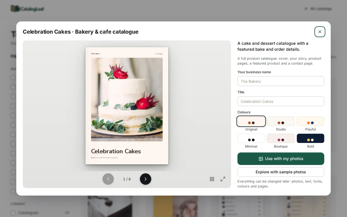 The Celebration Cakes bakery catalogue template open in the gallery, with a white cake on the cover and the Use with my photos button on the right
