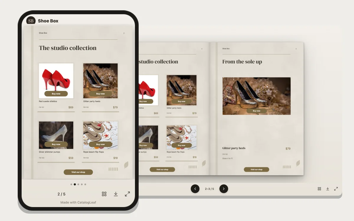 The same sample shoe catalogue on a phone, where the pages swipe, and on a computer as a flipbook, with Buy now buttons on the products