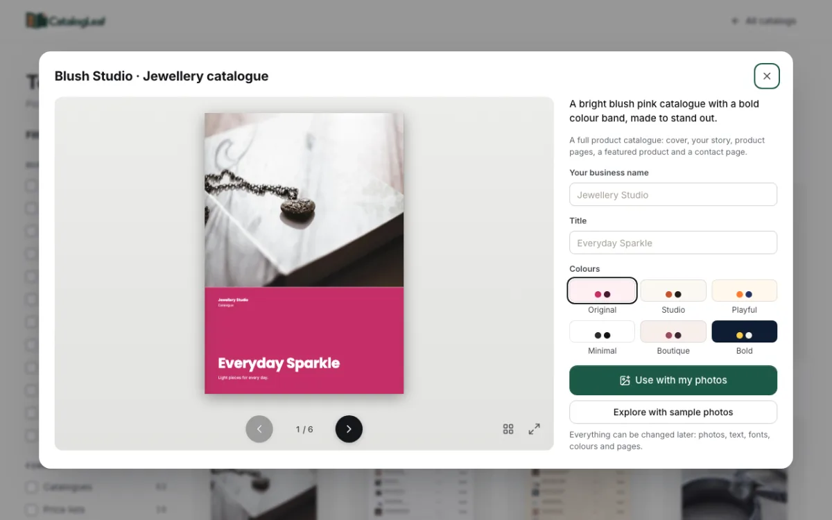 The Blush Studio jewellery catalogue template with a pendant photo above a bright pink band and the title Everyday Sparkle