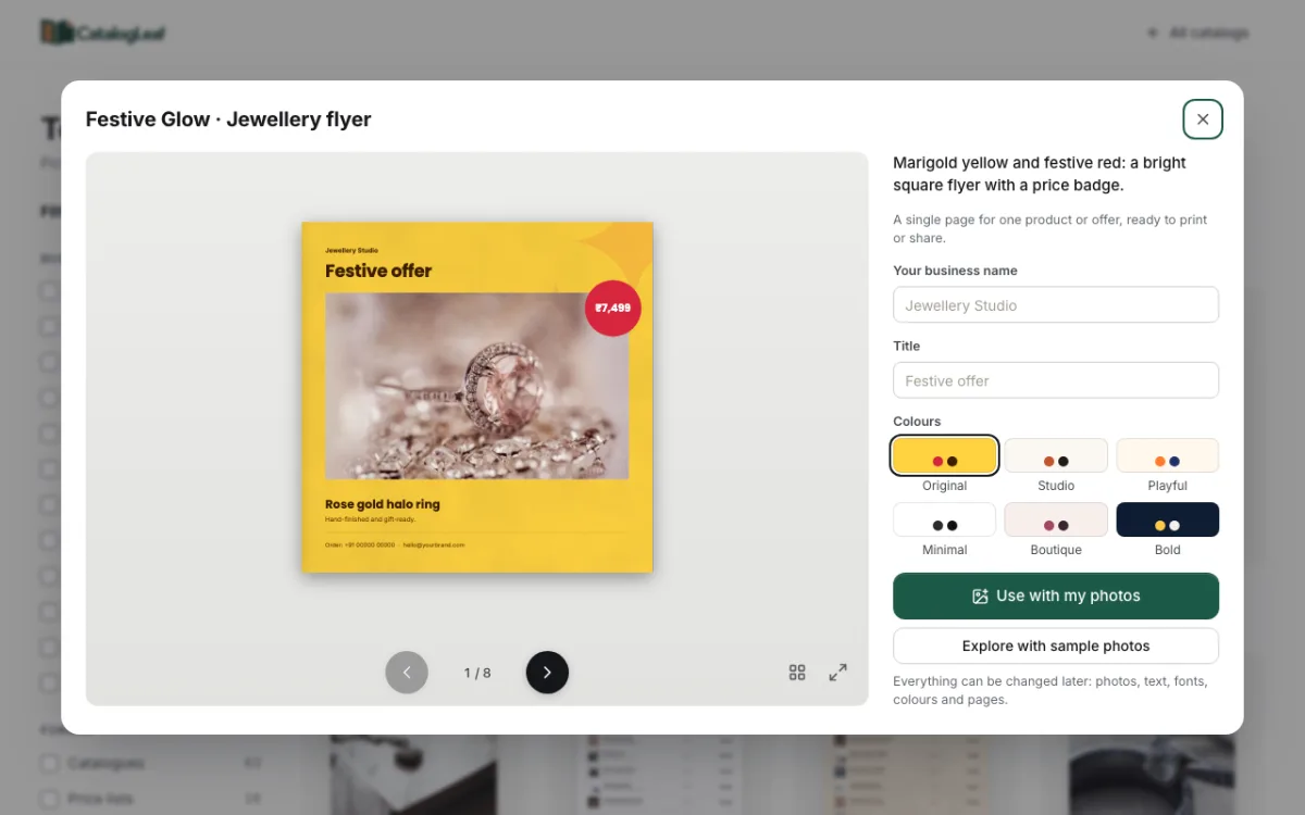 The Festive Glow jewellery flyer, a square yellow page with a ring photo, the headline Festive offer and a red price badge