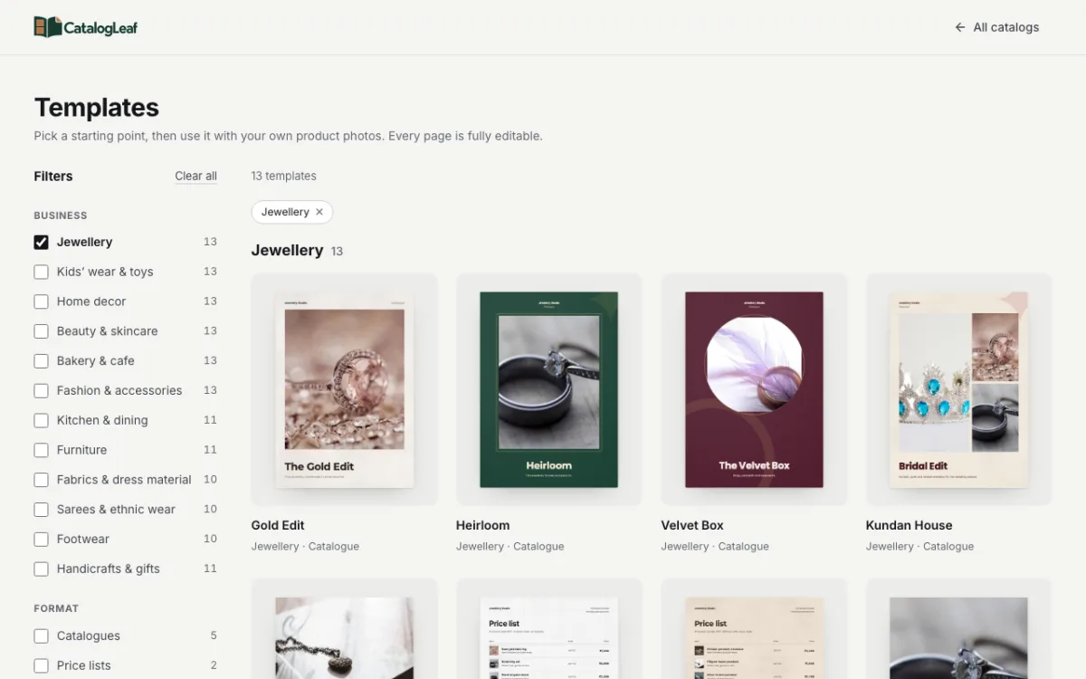 The CatalogLeaf Templates page filtered to Jewellery, showing 13 templates such as Gold Edit, Heirloom, Velvet Box and Kundan House
