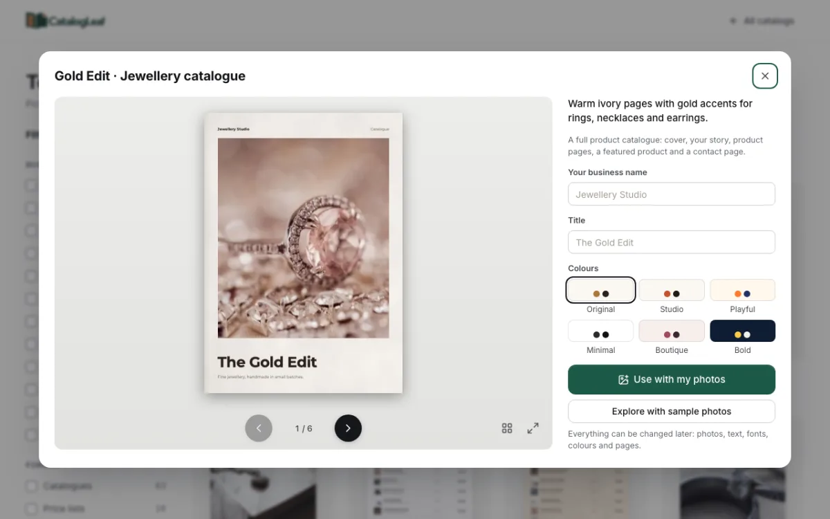 The Gold Edit jewellery catalogue template with ivory pages and a rose gold ring on the cover