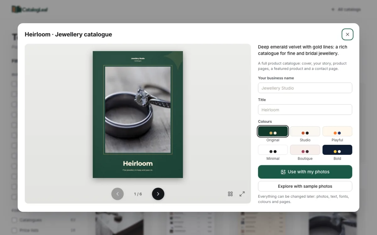 The Heirloom jewellery catalogue template with a deep green cover, a thin gold frame and a ring photo