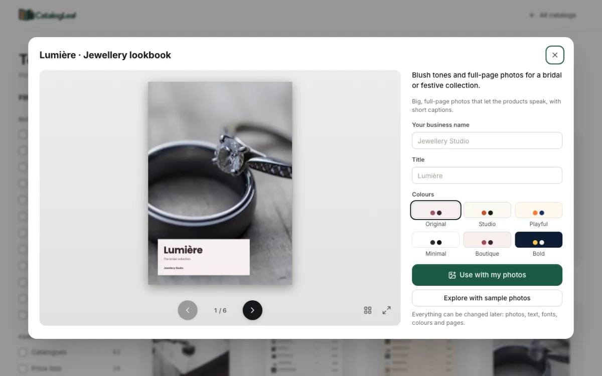 The Lumière jewellery lookbook template with a full-page ring photo and a small blush title box