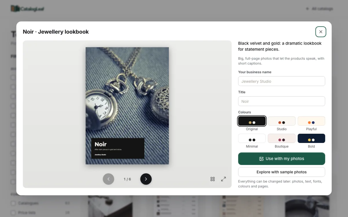 The Noir jewellery lookbook template with a full-page photo of silver lockets and a black title box