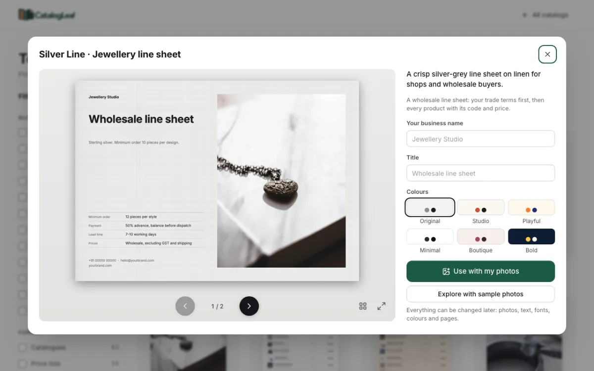 The Silver Line jewellery line sheet, a wide grey page with the title Wholesale line sheet, trade terms and a pendant photo