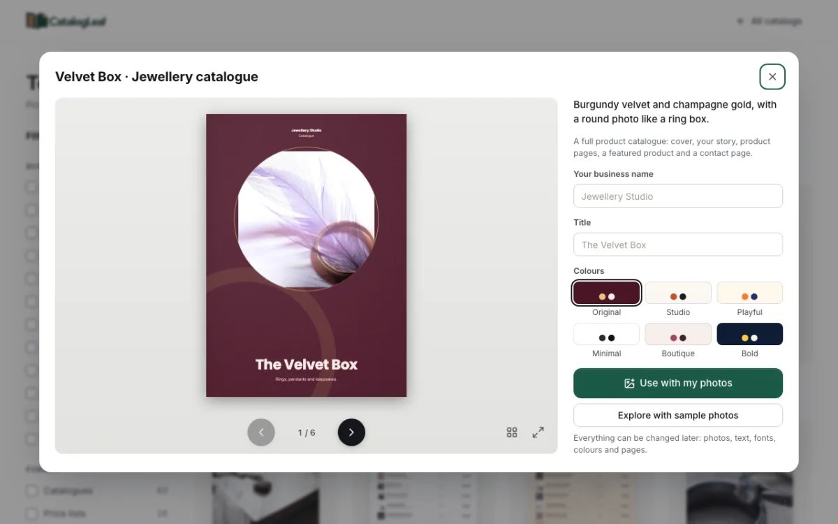 The Velvet Box jewellery catalogue template with a burgundy cover and a round photo of a gold ring