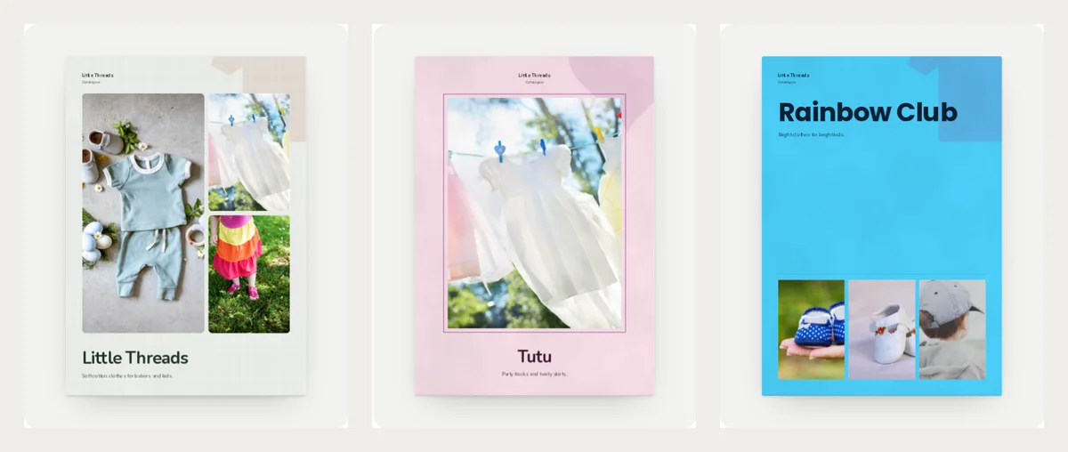 Three finished kids wear catalogue covers side by side: Little Threads with baby clothes and a rainbow skirt, Tutu with a white party frock on a washing line, and Rainbow Club in bright blue with baby shoes and a cap