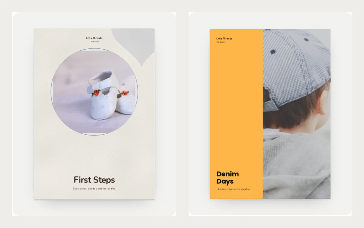Two more kids wear catalogue covers: First Steps with white baby shoes in a round frame, and Denim Days with an orange panel and a boy in a cap