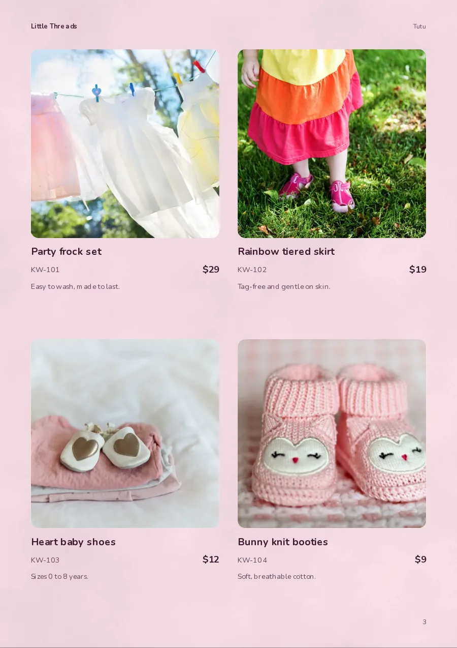 One finished catalogue page in pink with four kids products: a party frock set, a rainbow tiered skirt, heart baby shoes and bunny knit booties, each with a code and a price