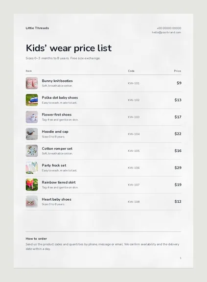 A finished kids wear price list with small photos, product names, codes and prices, and a How to order note at the bottom