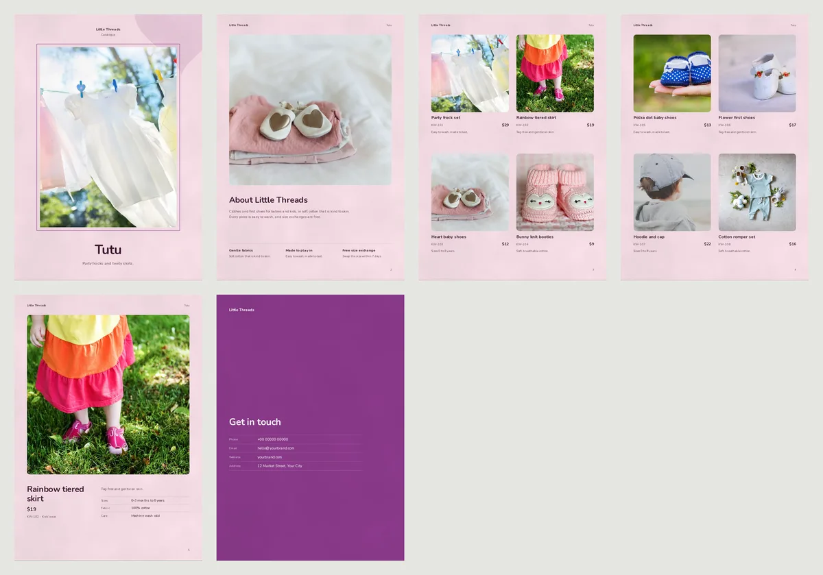 All six pages of the Tutu kids wear catalogue on one sheet: a pink cover with a frock, an about page, two pages with four products each, one full page for a tiered skirt and a purple contact page