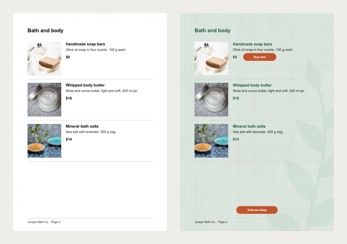 Page 2 of the sample catalogue twice. Left: black text on white. Right: green headings and prices on pale green linen, a leafy sprig behind, a Buy now button and a Visit our shop button