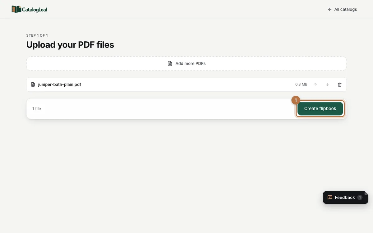 The Upload your PDF files page with juniper-bath-plain.pdf added and the Create flipbook button highlighted