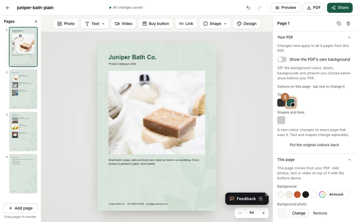 The Your PDF settings with the second text colour changed from black to dark green, and the shop name in green on the cover
