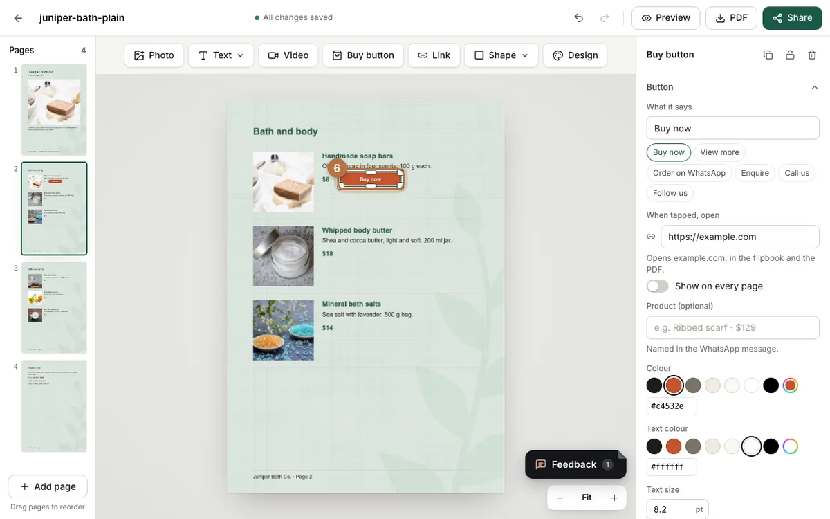 Page 2 of the catalogue with a Buy now button next to the $8 price of the soap bars, and the shop link example.com in the button settings