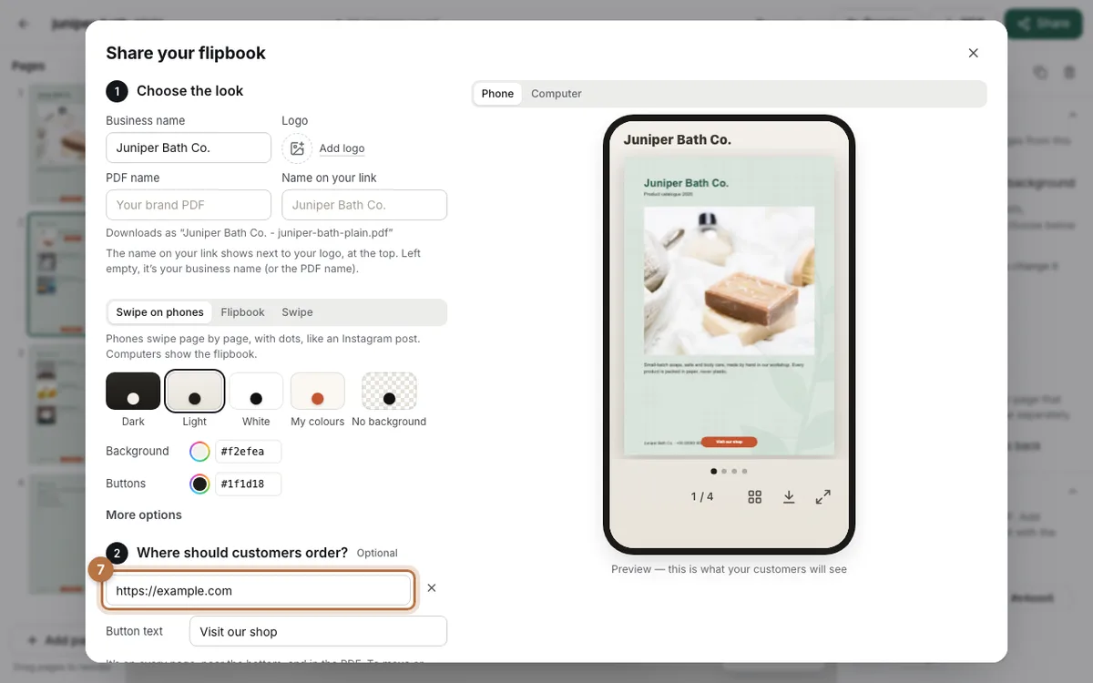 The Share window with https://example.com in Where should customers order? and a Visit our shop button in the phone preview